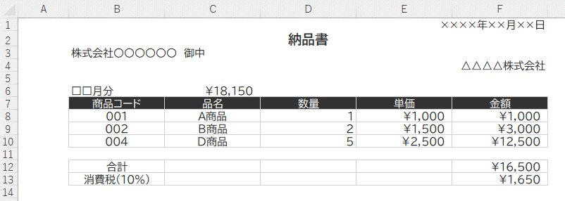 納品書と請求書のフォーマットの作成例